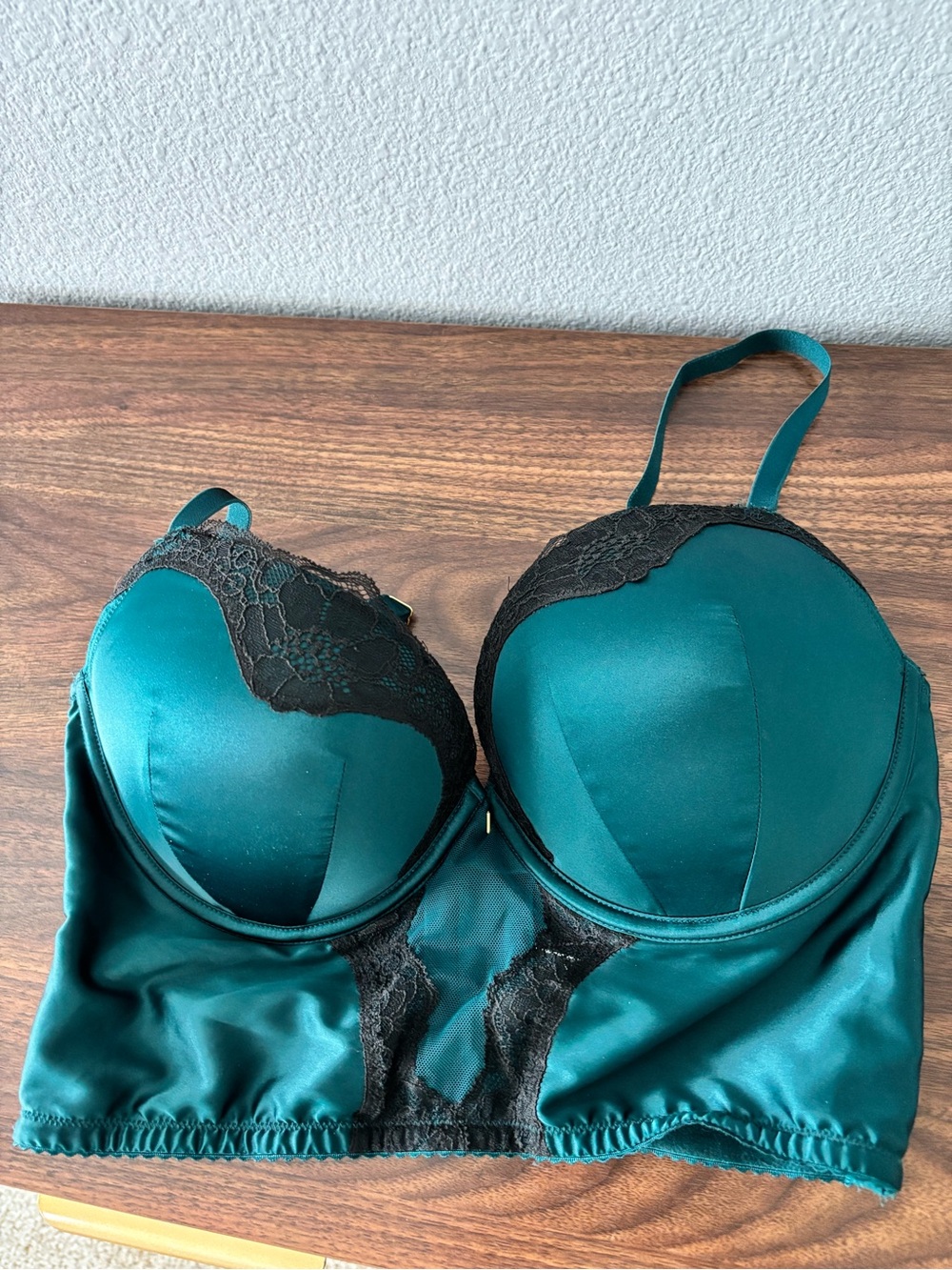 Victoria's Secret Teal Satin Longline Bra with Black Lace